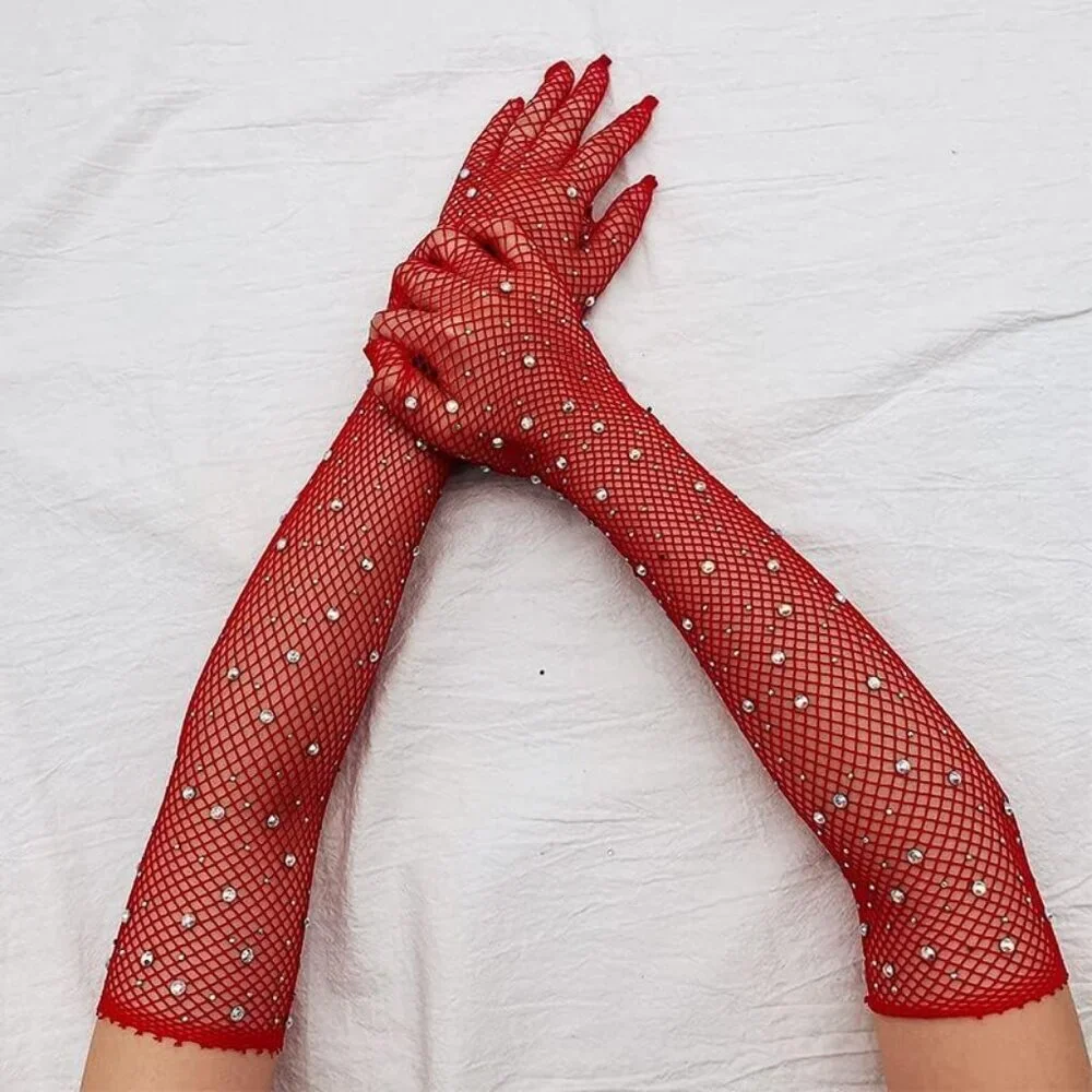 Women's A-Mesh-‌Red Rhinestone Sparkly Elbow Length Gloves Halloween Costumes